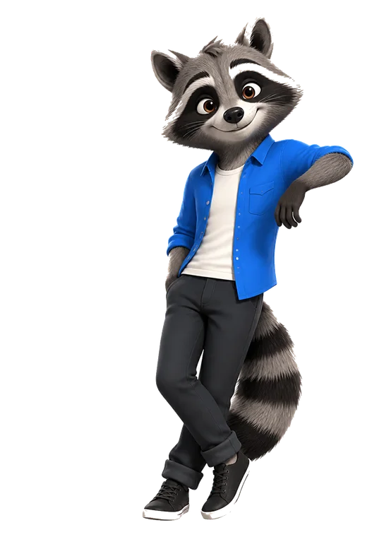 Friendly raccoon mascot leaning against the history display