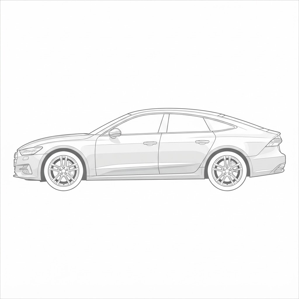 Technical side-profile drawing of a modern sedan